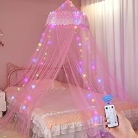 Unicorn Castle Bed Canopy for Girls Princess Canopy Bed Curtains Room Decor Dome Bed Net Canopy with Timed Light Bedroom Decor, Pink