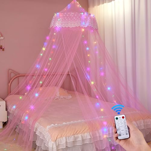 Unicorn Castle Bed Canopy for Girls Princess Canopy Bed Curtains Room Decor Dome Bed Net Canopy with Timed Light Bedroom Decor, Pink