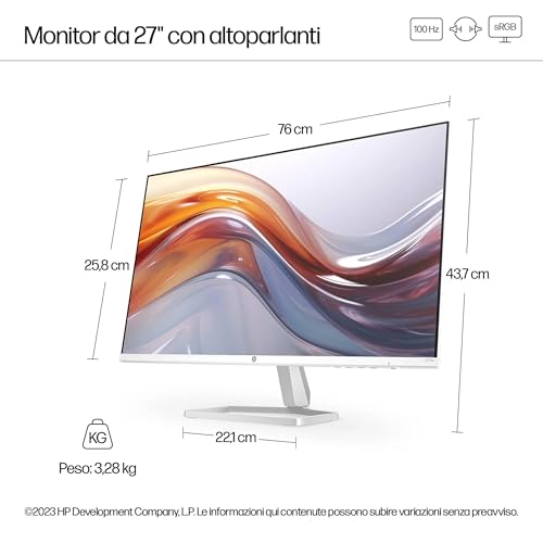 HP 527sa Monitor con Casse, Schermo da 27" FHD IPS Antiriflesso, Tecnologia Eye Ease, Tempo Risposta 5 ms GtG Overdrive, Risoluzione 1920 x 1080, Software Display Center, HDMI, Bianco - 3