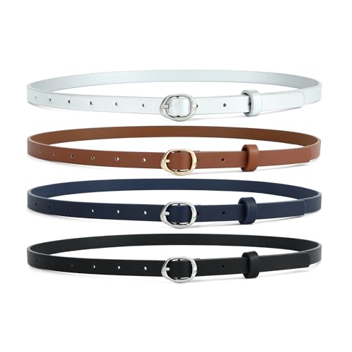 HOTWILL 4 Pack Women Skinny Belt for Dresses Jeans Pants Faux Leather Thin Waist Belts with Gold/Silver Oval Buckle