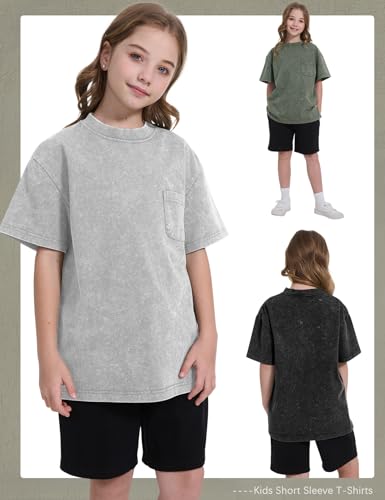 Image of COZYPOIN Unisex Kids Vintage Acid Wash Cotton Tees Crew Neck 3-16Y | 100% Cotton Boys Oversized T Shirt, Crew Neck, Short Sleeve, Front Pocket, Vintage Acid Washed Kids Tees for Boys Girls