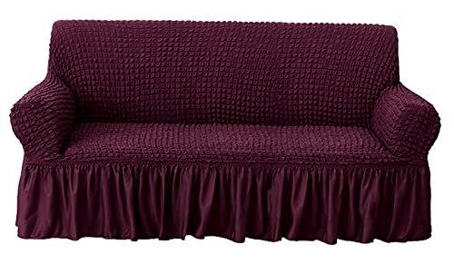 Image of House of Quirk Turkish Bubble Frill 280 GSM Sofa Slipcovers, Durable Washable Universal Four Seater High Elastic Furniture Protector (Wine, 230-300cm)