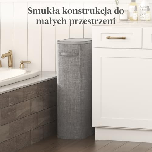 Lifewit Kosz na Pranie z Pokrywą, Wąski Pojemnik na Pranie z Plastikowymi Uchwytami i Wyjmowaną Torbą, Składany Wysoki Kosz do Pralni, Sypialni, Łazienki i Akademika, 75L, Jasnoszary