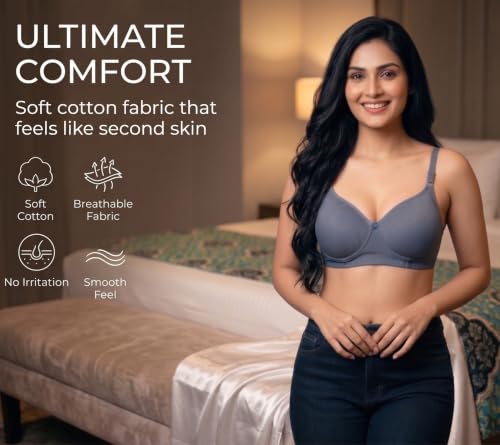 Image of Women's Pure Cotton Blend Lightly Padded Bra (Pack of 3) | Full Coverage Wirefree T-Shirt Bra | Soft Breathable Everyday Bra | Adjustable Straps | Comfortable Multicolor Bra