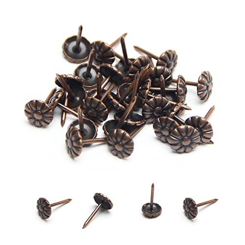 Mromax 30Pcs 0.35" Head Dia Iron Upholstery Nails Tacks Antique Metal Round Thumb Push Pins For Furniture Decoration Chair Hardware Cork Board Sofa Headboards Red Copper Tone #TOP12
