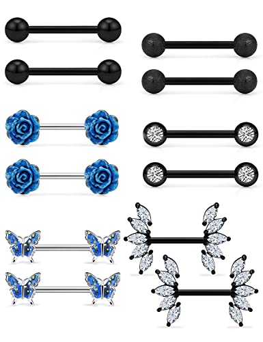 Vsnnsns 14G Nipple Rings for Women Stainless Steel Butterfly Nipple Rings Flower Nipple Piercing Jewelry CZ Nipple Rings Surgical Steel Nipple Jewelry Barbell Body Piercing Jewelry Black