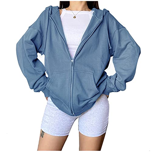 Siyova Abrigo Sudadera con Cremallera Mujer Sudadera Larga Casual con Capucha de Manga Larga con Bolsillos de Color Liso Sudadera Deportiva Mujer de Otoño e Invierno (Azul, S) Cover