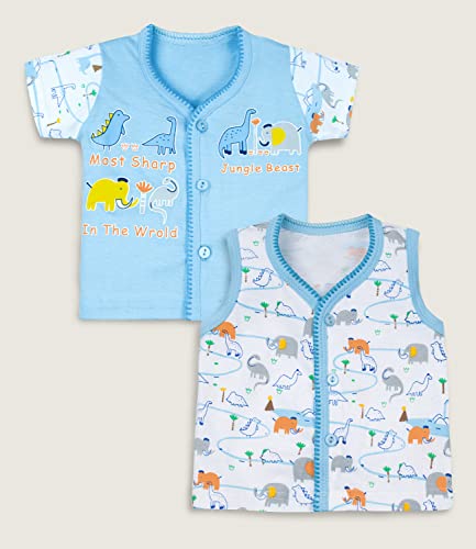 Image of mustmom Newborn Baby Cotton Jhabla Set | 0-3 Months | Combo of 1 T-Shirt, 1 Vest & 2 Shorts Set | Soft Breathable Summer Wear | Gift Set