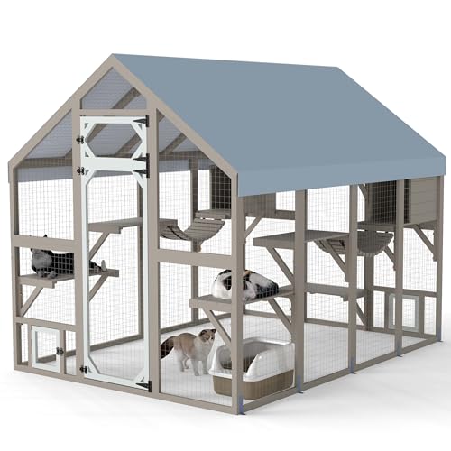 PetsCosset Catio Outdoor Cat Enclosure 94.4" Large Window Catios Wooden Cats Patio House with Weatherproof Oxford Roof,8 Platforms,2 Bridges,2 Hideouts–Walk in Cat Playpen for Multiple Cats