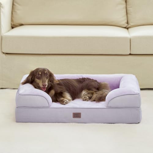 Image of EHEYCIGA Orthopedic Dog Bed for Medium Dogs, Waterproof Memory Foam Medium Pet Beds with Sides, Non-Slip Bottom and Egg-Crate Foam Dog Couch Bed with Washable Removable Cover, Lilac
