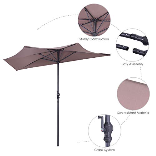 Tangkula 9 Ft Half Round Outdoor Patio Umbrella, Market Umbrella With Crank And 5 Ribs, Suitable For Café, Deck, Wall, Balcony, Window, Or Terrace (Tan) #TOP4