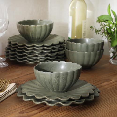 Gibson Elite Bistro Fleur Plates and Bowls Sets, 12-Piece Stoneware Dinnerware Set for 4, Matte Green Scalloped Dish Set with Dinner Plates, Salad Plates & Bowls by Gibson Elite - Used condition - Image 5