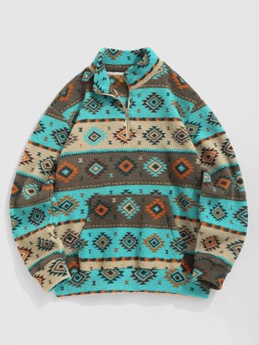 Image of ZAFUL Men 1 /4 Zipper Ethnic Aztec Fleece Unisex Winter Sweatshirt Tops 2026 | Funnel Neck Fluffy Polar Fleece Faux Sherpa Soft Thermal Pullover Kangaroo Pocket Jacket Hoodie Tops