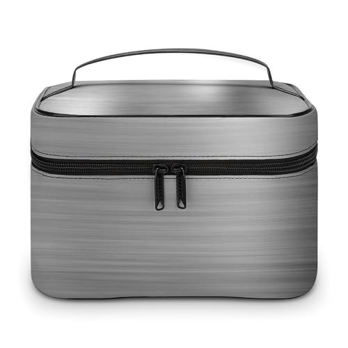 Portable Travel Makeup Bag, Glitter Silver Glam Brushed Metal Cosmetic Case Zipper Toiletry Bag for Women Girls