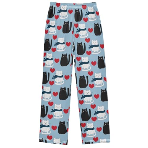 Boy's Pants Black White Cat Scarf Heart Jogger Pants Elastic Waist Long Bottoms Trousers with Pockets 6-14 Years