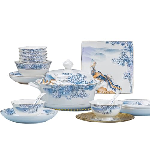 DYHWAC Juego De Vajilla De Porcelana De Hueso De Porcelana Azul Y Blanca, Cuencos De Cerámica, Platos, Cucharas, Juego Completo, Cuencos De Cerámica