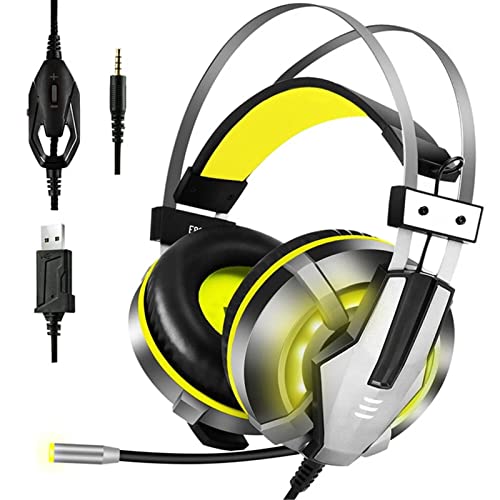 Gaming-Headset Verdrahtete Gaming Kopfhörer Über Ohr Gaming Headset Weiche Earpads Kopfhörer Mit Rotatmikrofon LED Hell Gaming-Headset mit Stereo-Surround-Sound ( Farbe : Yellow , Size : One size ) Cover