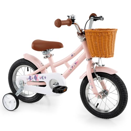 Image of BABY JOY Retro Kids Bike, 12 14 16 18 Inch Child Bike for 3-8 Years Old w /Rattan Basket, Adjustable Height, Training Wheels, Fenders, Handbrake Coaster Brake, 95% Pre-Assembled Kids Bicycle for Girls