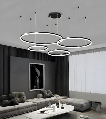 WayLuoung LED Lampadario Metallo | 4 Cerchi 20+40+60+80cm | 100W Lampada Sospensione Soffitto Anelli, Telecomando Dimmerabile 3000-6000K, Lampada Sospensione Paralume Acrilico Soggiorno Camera【Nero】