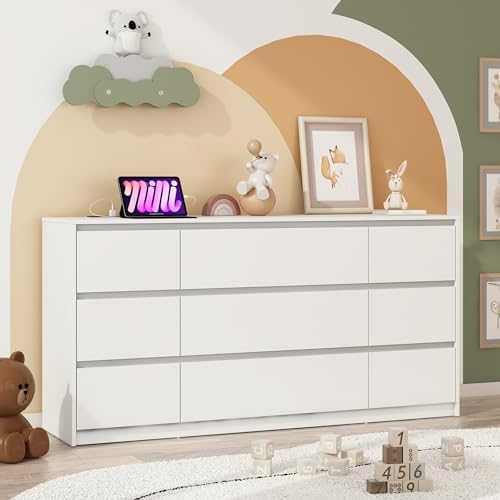 White Dresser for Bedroom, 63 Inch Long 9 Drawers Dresser with Charging Station, Modern Large Wood Chest of Drawers Handle Free for Bedroom, Living Room, Entryway, Hallway, White