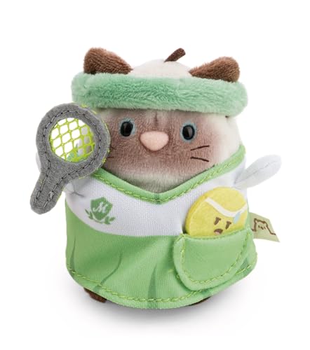 NICI Set Peluche Gato siamés Siamy 8 cm con Pelota de Tenis y Disfraz de Tenis en Caja de Regalo 8,5 x 6,5 x 10 cm, marrón, Diseño Kawaii, Accesorios mymochi de Moda para niños y Adultos - 62903