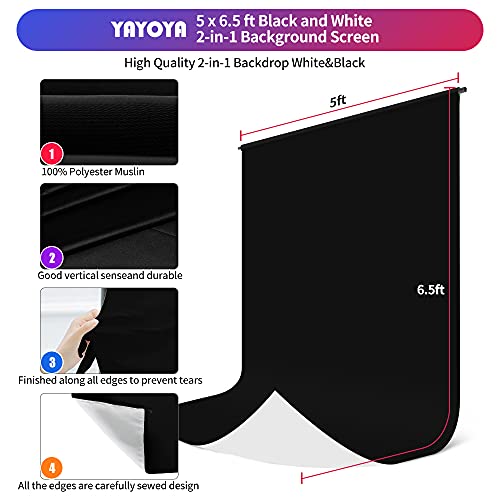 Yayoya Black White Backdrop Screen With Stand Kit 5X6.5Ft For Photo Video Studio, 2-In-1 Revisible Black Backdrop White Screen With T-Shaped Photography Background Support Stand And 5 Backdrop Clamps #TOP3