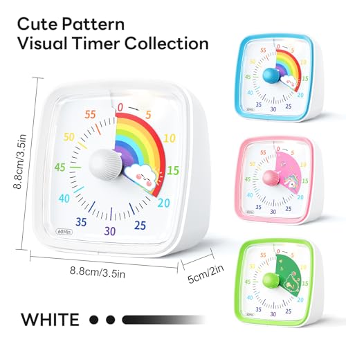 Image of Yunbaoit Visual Timer with Night Light, 60-Minute Rainbow Countdown Timer for Kids and Adults, Time Management Tool for Home, School, Kitchen, or Office (White)