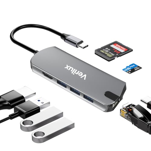 Image of Verilux USB C Hub with Ethernet RJ45 Port, 8 in 1 USB C Hub PD 60W Fast Charging USB 3.0 Hub with 4K HDMI Converter Supports SD /TF Card Reading Travel Multifunctional USB C Hub for Laptop, PC