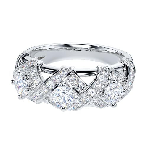 THELANDA Genuine Moissanite or Simulated Diamond Sterling Silver 3-Stone Vintage Luxury Crossover Crown Promise Ring Wedding Ring3
