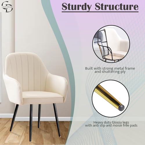 Image of Velvet Accent Chair | Luxury Upholstered Armchair with Sturdy Metal Legs | Modern Comfortable Chair for Living Room, Bedroom, Office, or Cafe (Black Legs, White)