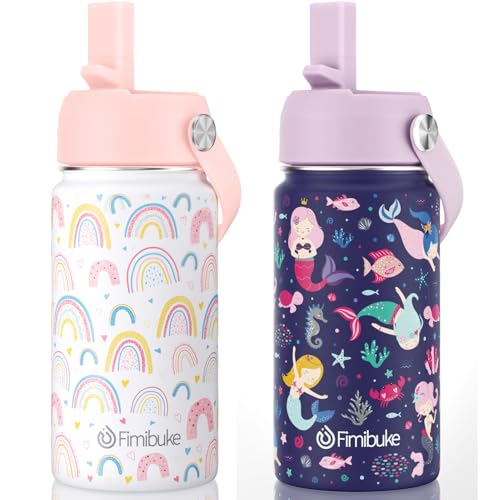 Fimibuke Kids Insulated Water Bottle, 14oz BPA FREE Double Wall Vacuum Tumbler 18/8 Stainless Steel Leak Proof Kids Cups with Straw Metal Water Bottle for School Boy Girl (2 Pack, RAINBOW/MERMAID)