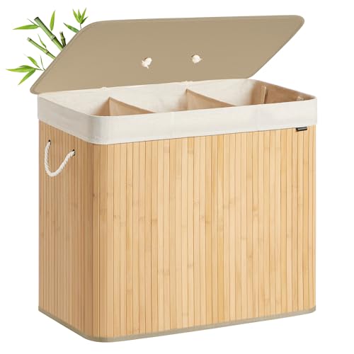 SONGMICS Panier à Linge avec Couvercle, 3 Compartiments, 170 L, Corbeille à Linge Sale en Bambou, Pliable, Sac Amovible et Lavable en Machine, avec...