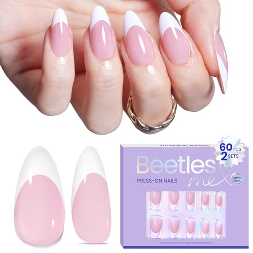 Image of Beetles French Tip Press On Nails - Medium Almond 60pcs 15 Sizes | White French Tips Pink Fake Nails with Nail Glue, Quick & Easy Nail Salon Manicure Gift for Women, All-in-One Complete Kit