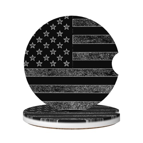 GACCAP Car Coasters for Cup Holders, 2 Pack Absorbent Ceramics Anti Slip Universal 2.56 Inch Car Cup Coaster for Women Men, Car Interior Accessories - Black Grey American Flag