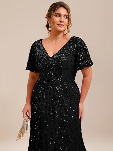 Image of Ever-Pretty Plus Women's Sequin V Neck Plus Size Prom Dress Mermaid Formal Cocktail Evening Dresses for Curvy Women