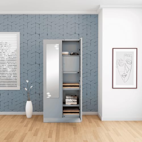 Image of Interio by Godrej Almirah Slimline 2-Door Steel Almirah, Cupboard for Clothes (Royal Ivory), 1-Year Warranty, 4 Shelves, 1 Drawer, 1 Locker, Star Design Mirror
