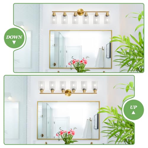 Image of 6-Light E26 Gold Bathroom Vanity Lights, Modern Bathroom Light Fixtures with Clear Glass Shade, Wall Lamps for Mirror Hallway Kitchen Cabinet Living Room Sconces Lights