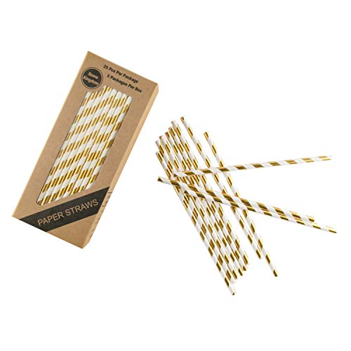 125 Pcs Gold Striped Paper Straws Metallic Drinking Decoration Cake Pop Stick Decoration - Boxed 5 Individual Packs Of 25 Units #TOP5