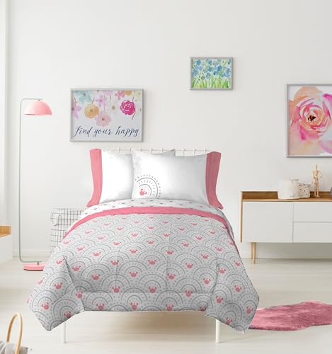 Image of Disney Minnie Mouse Twin Comforter Set 5 Piece Bedding for Girls, Grey | Bed in a Bag, Comforter Sheets Sham Pillowcase, Official Product, Soft Microfiber, Machine Washable, Easy Care, Girls Gift