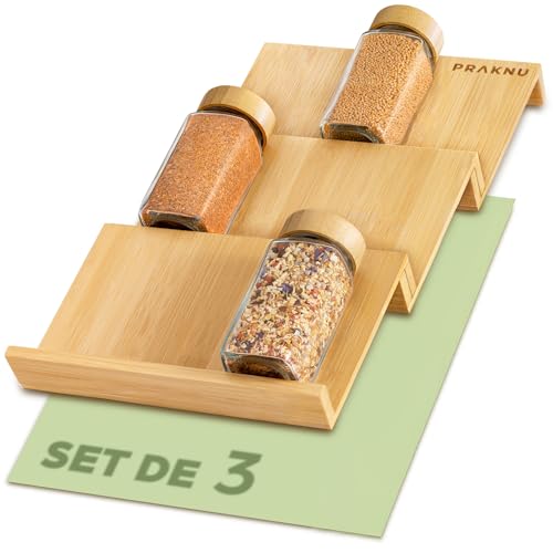 Praknu Étagère à Épices pour Tiroirs - 3 Organisateur Porte Épices pour 12 pots d'épices (19×13x3cm) Antidérapant - Rangement Cuisine Couleur Bois Porte Épices...