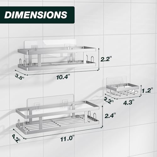 Image of Youvip Adhesive Shower Caddy, 3 Pack Shower Shelves with Soap Holder and 12 Hooks, Rustproof No Drilling Bathroom Organizer and Storage, Silver