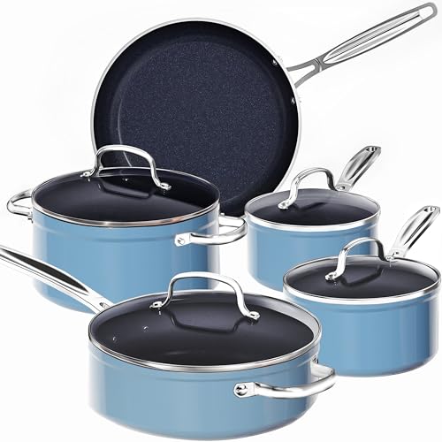 Nuwave 9pc Cookware Set Healthy Duralon Blue Ceramic Nonstick Coated, Diamond Infused Scratch-Resistant, PFAS Free, Oven Safe, Induction Ready & Evenly Heats, Tempered Glass Lids & Stay-Cool Handle by Nuwave - Used condition - US$120.80