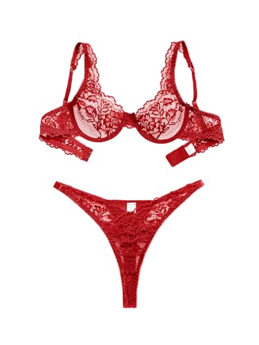 Foxiny Sexy Scallop Floral Lace Mesh Sheer Underwire Lingerie Set 2 Piece Women Push Up Matching Bra Panty Underwear Red Medium