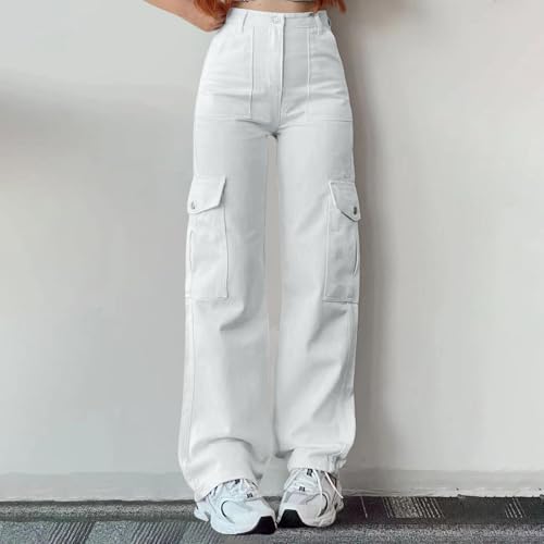 Cargo Jeans for Womens High Waist Front Button Wide Leg Trousers Slim Fit Comfy Stretch Y2K Streetwear with Pockets2