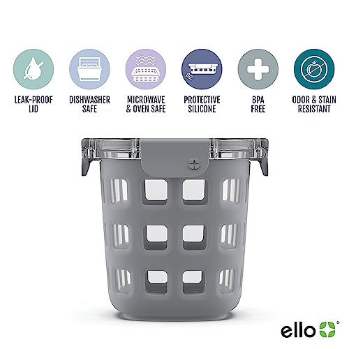 Ello DuraGlass Rounds Glass Food Storage Containers - Meal Prep Bowls with Silicone Sleeve and Airtight Lids, 3 Cup, Gray