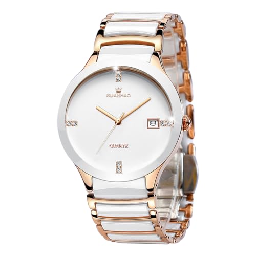 GUANHAO Ceramic Men Watches, Black Chronograph Dial, Dress Quartz Luminous Calendar Wristwatches for Men, Ceramic Band