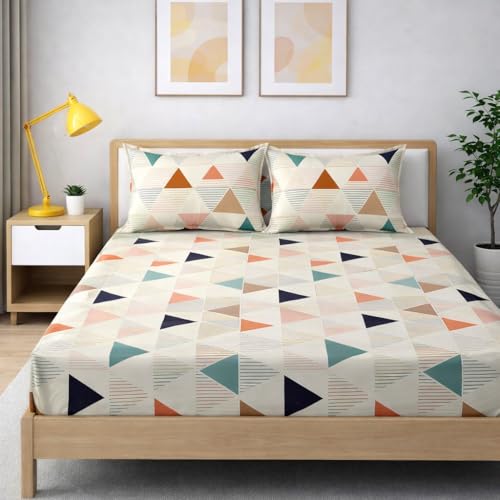 Image of Cotton Feel King Size Flat Bedsheet for Double Bed (90 x 100 Inches | 230 x 250 cm) with 2 Pillow Covers | Soft & Smooth Printed Bedsheet for Daily Use (White Geometric, King Bed-90x100)