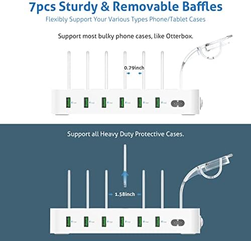 SooPii 6-Port 50W USB Charging Station Organizer for Multiple Devices, 6 Short Charging Cables and One Upgraded i-Watch Charger Holder Included, for Phones, Tablets, and Other Electronics, White