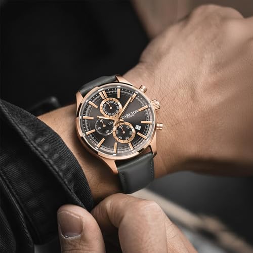 Image of Carlton London Windsor Men Analog Watch, Round Dial, Leather Strap, Quartz Movement, 43 mm Case, Slim Design, Lightweight Comfort, 30M Water Resistant, Casual Formal Wear