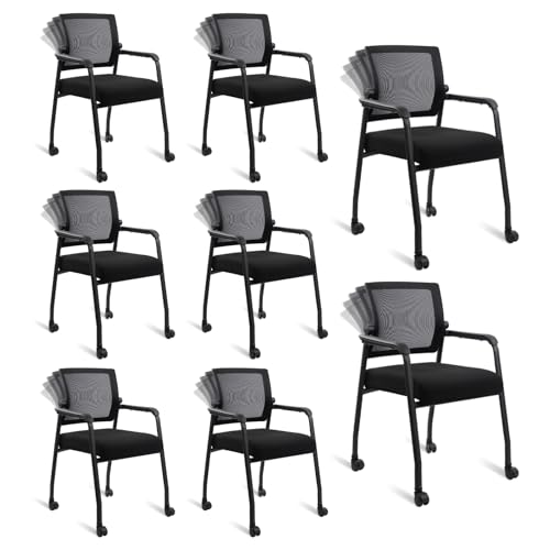 Image of KLASIKA Waiting Room Chairs with Wheels, Adjustable Mesh Backrest, Desk Chair with Ergonomic Lumbar Support and Thickened Seats Cushion, 8 Pack Black